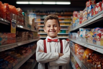 a happy child boy seller consultant on the background of shelves with products in the store - obrazy, fototapety, plakaty