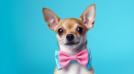 Beautiful chihuahua dog with bow-tie. Animal portrait. Chihuahua dog in stylish clothes. Blue background. Colorful decorations. Collection of funny animals