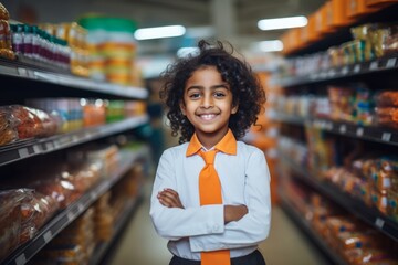 a happy indian child girl seller consultant on the background of shelves with products in the store