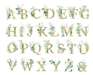 Floral alphabet, letters set with watercolor green and gold eucalyptus leaves. Perfectly for wedding invitations, greeting card, logo, poster and other design.