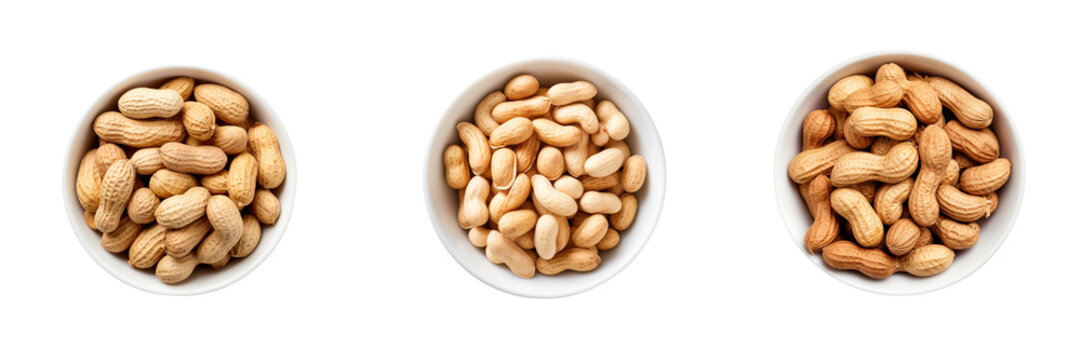 Set of Peanut on white bowl, top view isolated on transparent or white background
