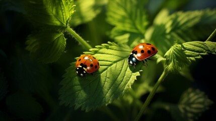 Obraz premium Beautiful juicy leaves, curl plants, two ladybirds macro glows in sun on dark green saturated background outdoors. Wallpaper - artistic image of purity and fragility of nature, wide format