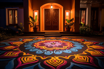 Illustration of depicting colorful rangoli designs adorning the entrance of a house during Diwali - obrazy, fototapety, plakaty