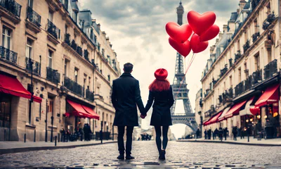 Papier Peint photo Lavable Tour Eiffel Romantic couple in Paris on Valentines Day