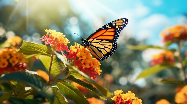 Beautiful image in nature of monarch butterfly on lantana flower on bright sunny day