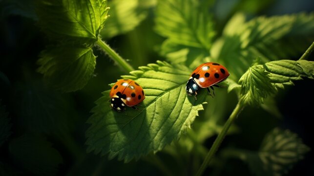 Beautiful juicy leaves, curl plants, two ladybirds macro glows in sun on dark green saturated background outdoors. Wallpaper - artistic image of purity and fragility of nature, wide format
