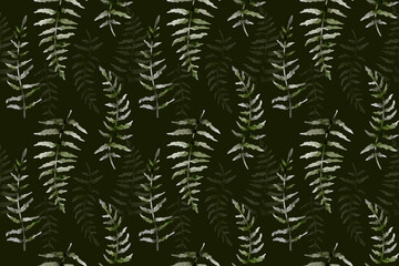 Wild and moody fern fronds pattern for print, fabric with dark backdrop. Digital watercolor illustration