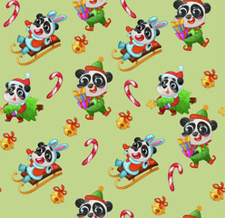 Pattern panda lollipop snow green Christmas 