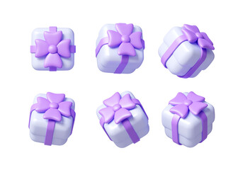 3D gift box with purple ribbon bow.  For New Year decor, birthday, wedding. 3d rendering