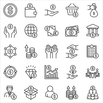 Dollar icon set. Money, wallet, payment, bank, fund, earnings, income, currency, business and more. vector illustration on white background