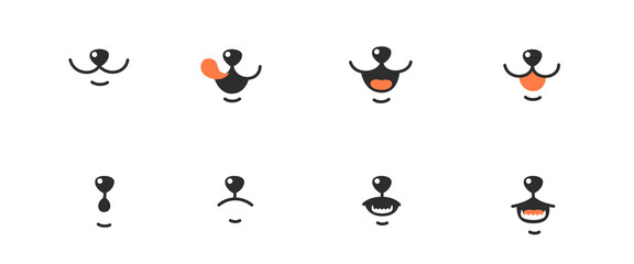 Various animal face, different emotions. Happy, angry and sad face, nose and mouth. Vector illustration.