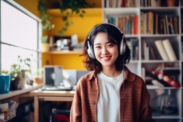 a happy asian woman in headphones on the background of shelves with music equipment in the room