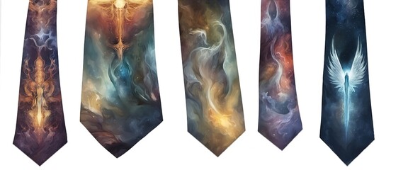 row od different mal neckties isolated on white - obrazy, fototapety, plakaty