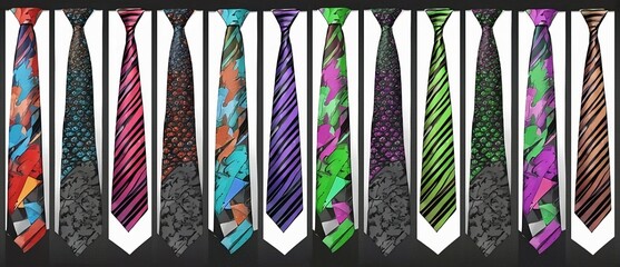 row od different mal neckties isolated on white - obrazy, fototapety, plakaty