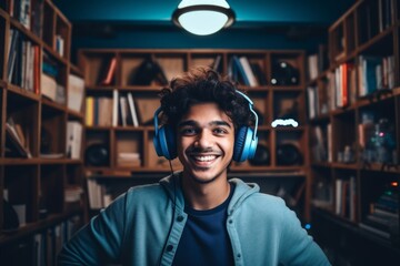 a happy indian man in headphones on the background of shelves with music equipment in the room