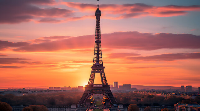 A photo of the Eiffel Tower, with a vibrant Parisian cityscape as the background, during sunset