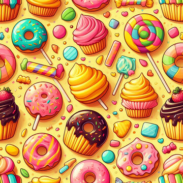 Seamless pattern with sweets. Generative AI.
