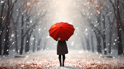 Winter's Embrace: A Tranquil Moment of Reflection with a Woman and Red Umbrella in Snow background ai generated