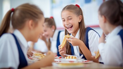 schoolgirls at the school cafeteria table