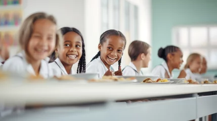Keuken spatwand met foto schoolgirls at the school cafeteria table © ProstoSvet