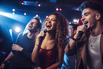 Friends are singing karaoke at a party