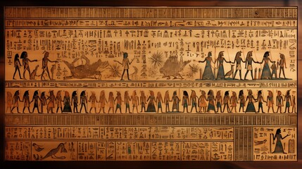 Ancient papyrus, rich hieroglyphics, reveals forgotten Egyptian rituals. - obrazy, fototapety, plakaty