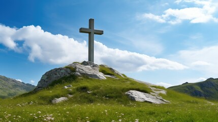 A serene landscape with a polished marble cross atop a lush green hill. A tranquil and peaceful scene, symbolizing spirituality and faith