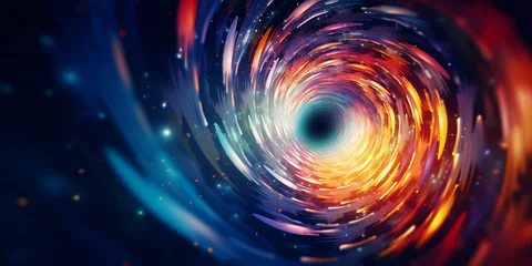 Fotobehang Black hole attracting light like a spiraling vortex, kaleidoscopic abstract background with copy space © Giotto