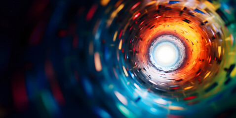 Kaleidoscopic tunnel with light at the end of it, abstract background with copy space - obrazy, fototapety, plakaty