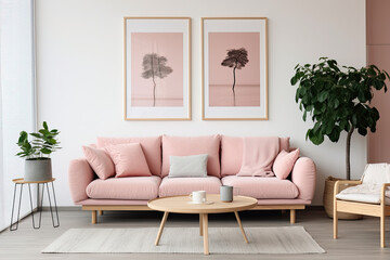 Modern Living Room with Pink Sofa and Art