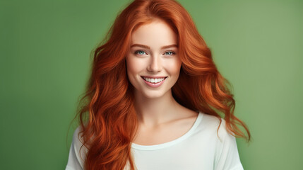 Beautiful elegant european red-haired smiling young woman with perfect skin and long red hair, on a green background, close-up