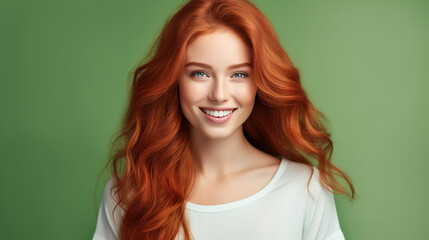 Fototapeta premium Beautiful elegant european red-haired smiling young woman with perfect skin and long red hair, on a green background, close-up