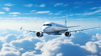 Obraz premium Sleek commercial jetliner flying high in clear blue sky, reflecting sunlight on its metallic body, high resolution photo