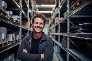 happy man worker on the background of shelves with boxes in the warehouse