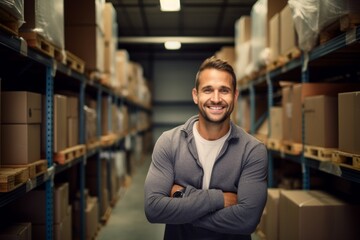 Obraz premium happy man worker on the background of shelves with boxes in the warehouse