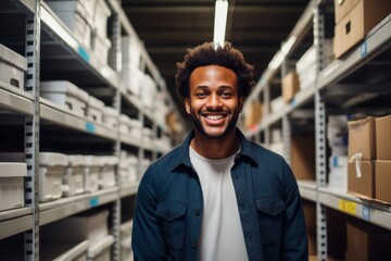 Fototapeta na wymiar happy african american man worker on the background of shelves with boxes in the warehouse