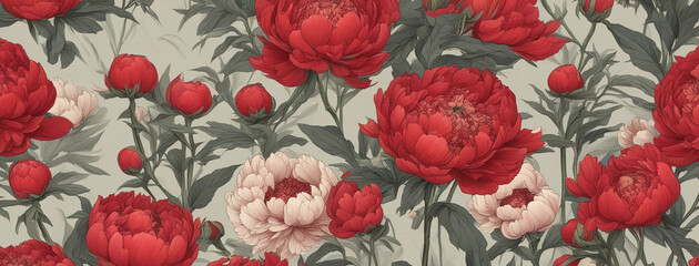 Seamless Colorful Peony Pattern. Seamless pattern of peonys in colorful style. Generative AI.