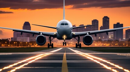Busy airport runway with a commercial plane taking off. Detailed cityscape, guiding lights, and airport buildings in the background. Precise moment captured in a vivid stock image