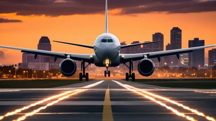 Fotobehang Busy airport runway with a commercial plane taking off. Detailed cityscape, guiding lights, and airport buildings in the background. Precise moment captured in a vivid stock image © Aidas
