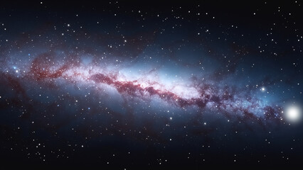 Dichte Wolken einer kräftig leuchtenden Spiral Galaxie aus Sternen und Planeten in einem dunklen unendlich weiten Universum. Hintergrund und Vorlage für Technik, Astronomie, Wissenschaft und Forschung - obrazy, fototapety, plakaty