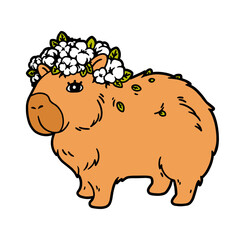 Cartoon capybara with flowers icon. Capybara adorned with a wreath of white flowers