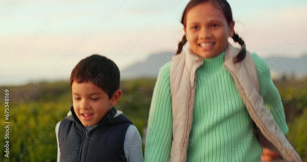 Canvas Prints Children, running and playful at a park for adventure, travel or holiday with energy and happiness. A young boy and girl, siblings or kids on a journey together for fun family vacation in nature