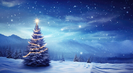 Christmas tree with lights, snow falling, mountain backdrop