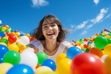 Fototapeta na wymiar happy smiling woman on the background of colorful balls for games
