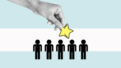 Evaluate the team. Hand is holding a star over the team. High appreciation and reward for work....