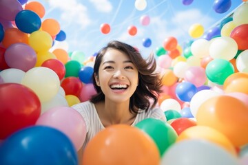 Fototapeta na wymiar happy asian woman on the background of colorful balls for games