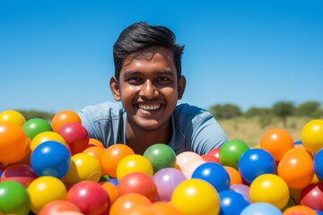 Fototapeta na wymiar happy indian man on the background of colorful balls for games