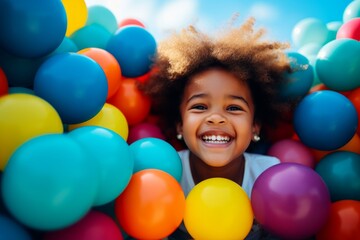 Fototapeta na wymiar happy african american child girl on the background of colorful balls for games