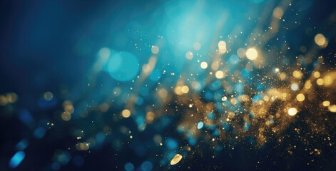 Abstract Christmas bokeh lights with gold sparkles on blue background - obrazy, fototapety, plakaty