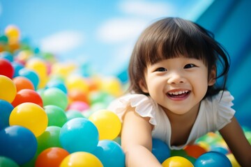Fototapeta na wymiar happy asian child girl on the background of colorful balls for games